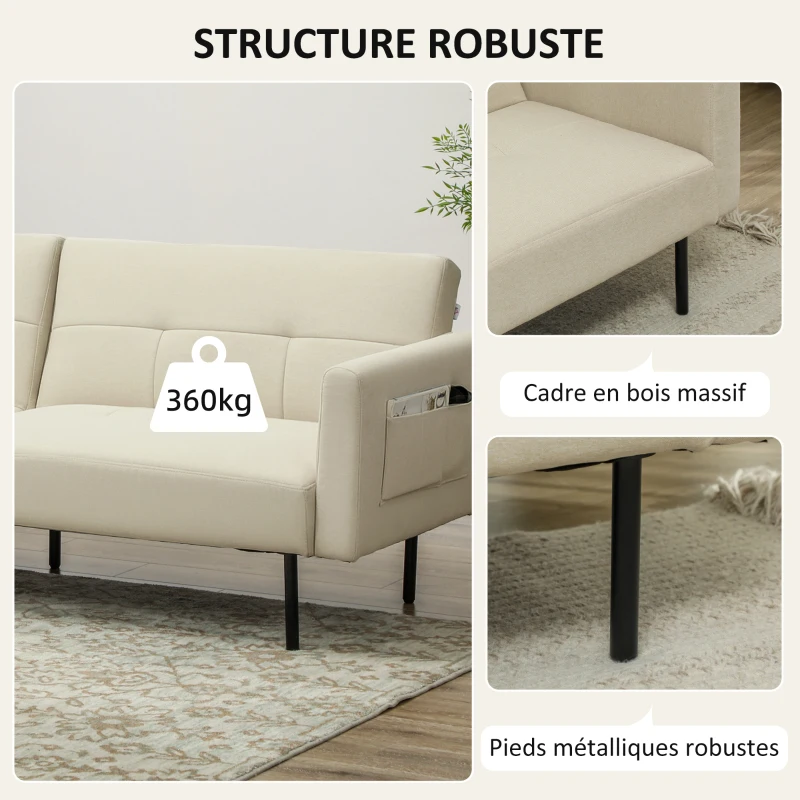 HOMCOM Canapé convertible 3 places, canapé clic-clac avec dossier réglable, canapé moderne en tissu, beige