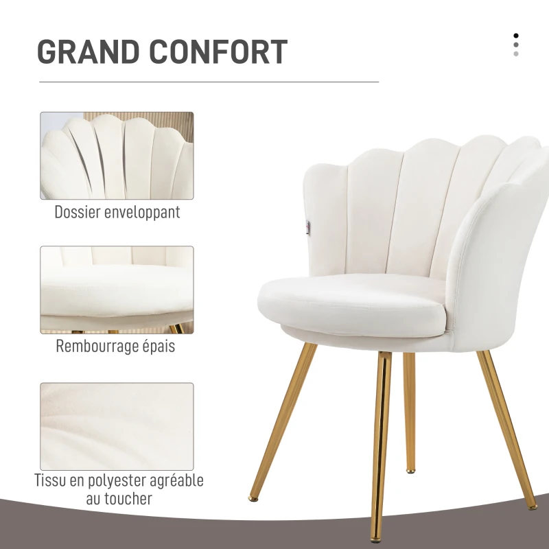 HOMCOM Fauteuil coquillage chaise coiffeuse fauteuil en velours fauteuil de salon avec pieds en métal doré crème