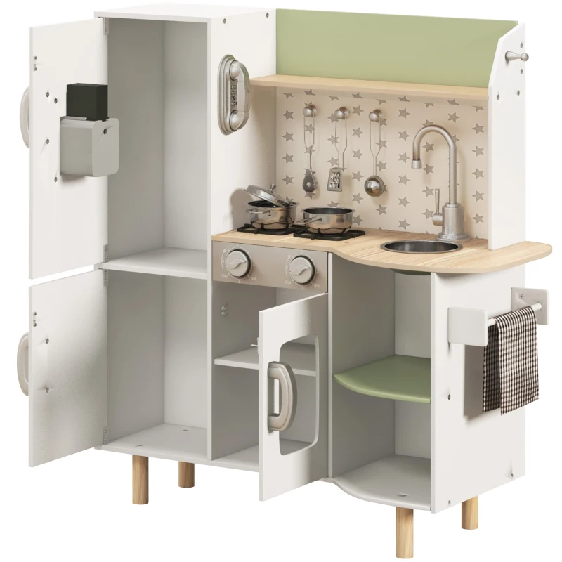 AIYAPLAY Toy Kitchen, Kids Play Kitchen, Role Playing Game with Phone, Ice Maker, Stove, Utensils, for 3-6 Years, White