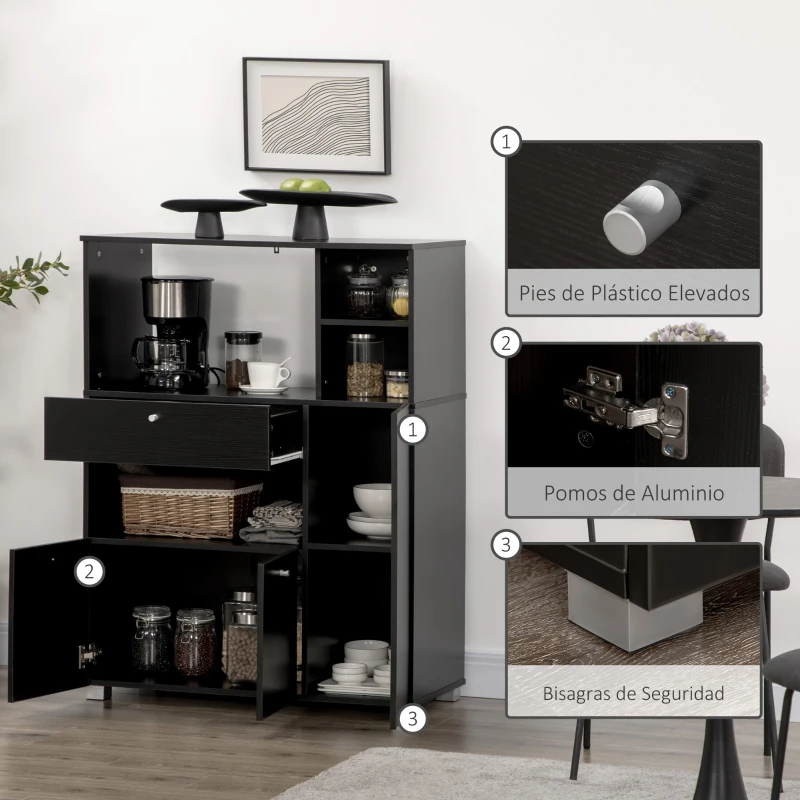 HOMCOM Mueble para Microondas con Cajón Estantes 3 Puertas 3 Compartimientos Diseño Anti-vuelco para Comedor 90x40x120 cm Negro