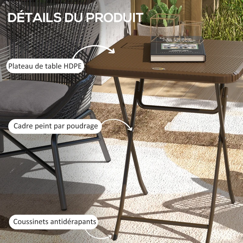 Outsunny Table de jardin extérieur pliable style cosy chic dim. 60L x 60l x 71H cm métal époxy résine tressée HDPE marron