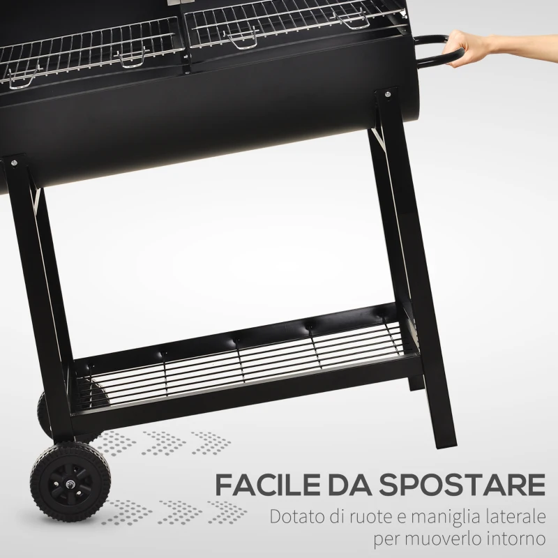 Outsunny Barbecue in Acciaio con 2 Griglie Indipendenti, 2 Ruote e Ripiano Inferiore | Nero | 90cm x 45cm x 96cm