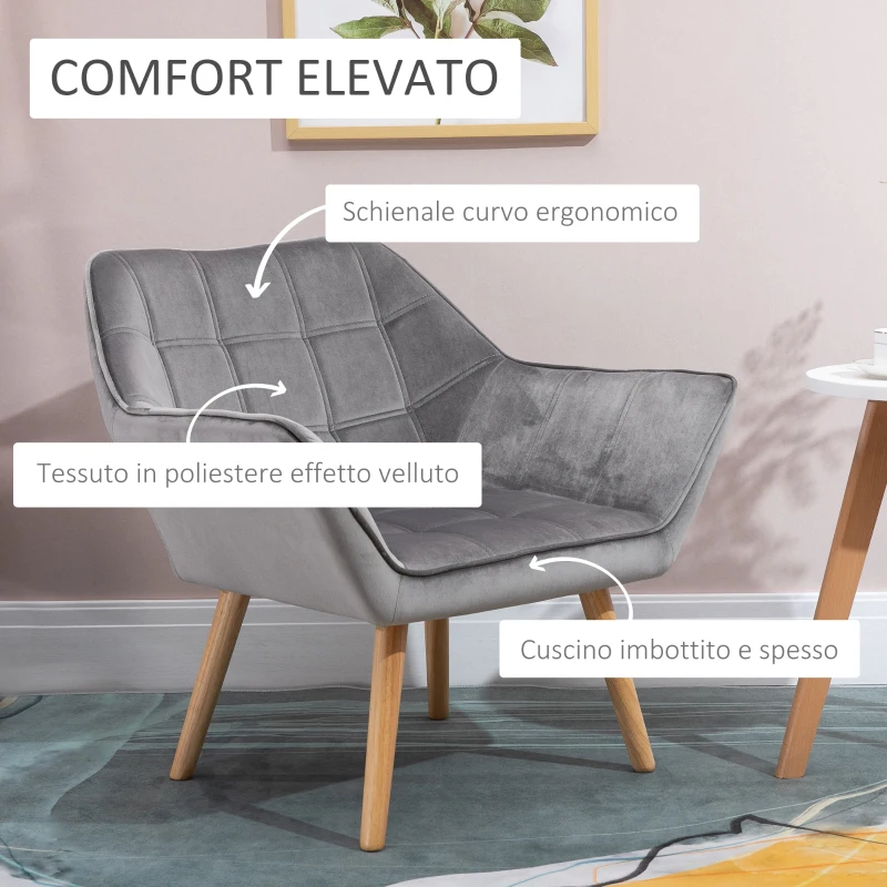 HOMCOM Poltroncina Stile Nordico in Legno ed Effetto Velluto Grigio per Soggiorno o Ufficio, 67x61.5x71 cm