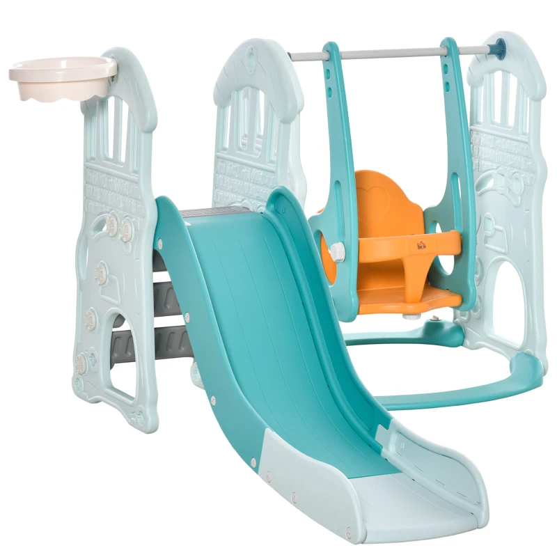 HOMCOM Scivolo 3 in 1 per Bambini con Altalena Regolabile, Canestro e Palle per Cameretta e Giardino, 149x186x98cm, Blu e Arancione