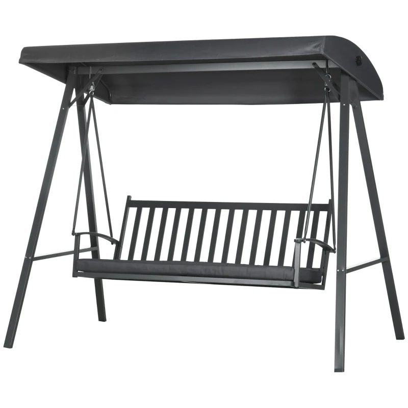 Outsunny 3-Seat Garden Swing Chair, Outdoor Canopy Swing with Removable Cushion, Adjustable Shade, and Slatted Bench, for Porch, Poolside, Backyard, Dark Grey