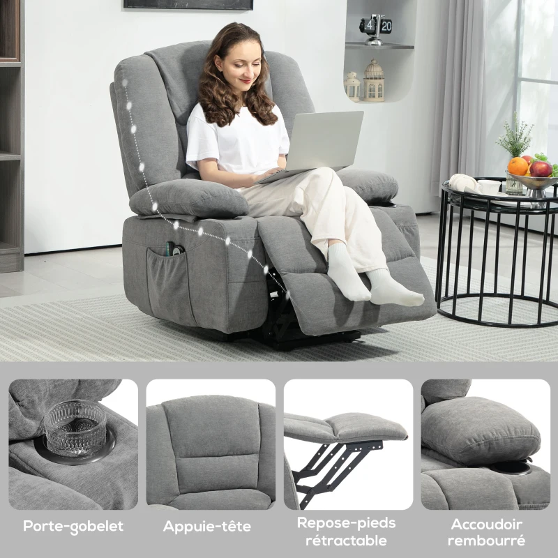 HOMCOM Fauteuil releveur relax électrique, fonction massage et chaleur, inclinaison réglable, repose-pied, télécommandes, gris