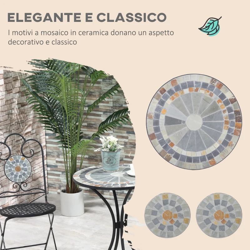 Outsunny Set da Giardino 3 Pezzi, 2 Sedie Pieghevoli e 1 Tavolo, Design a Mosaico, Grigio