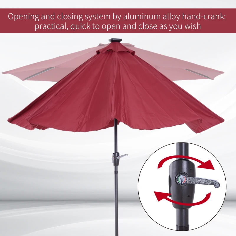 Outsunny Φ2.7m Garden 24 LED Light Parasol Solar Outdoor Tilt Sun Umbrella Patio Club Party Event Manual Sun Shade w/ Hand Crank and 8 Ribs, Red