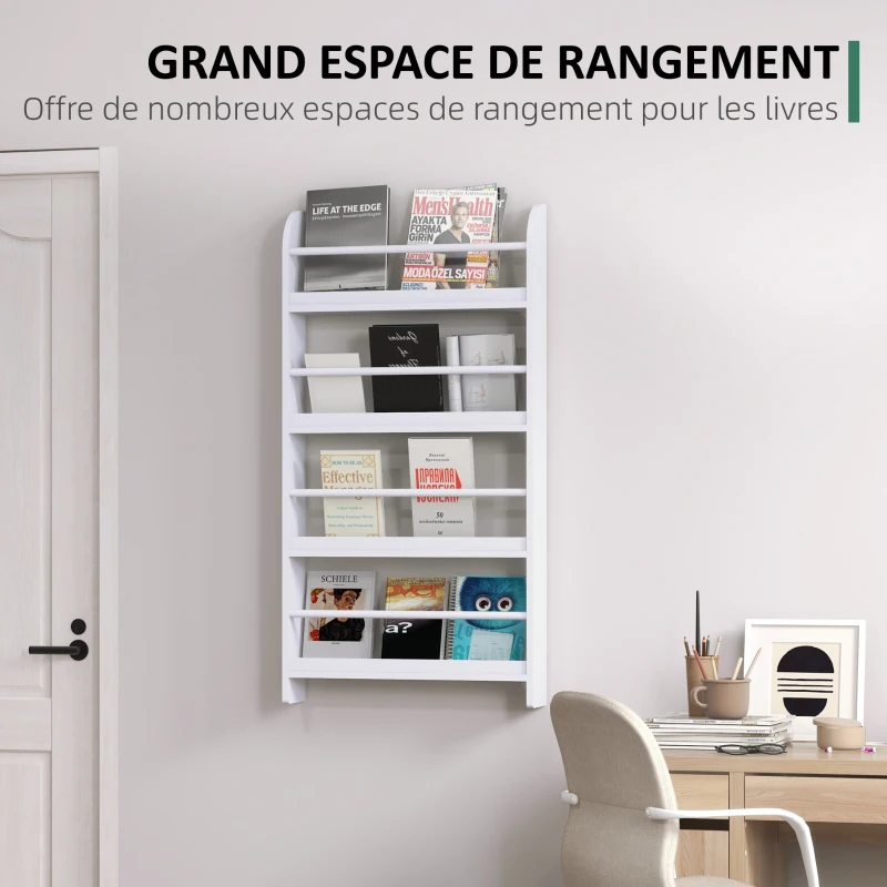 HOMCOM Étagère murale en bois pour livres et magazines, 4 niveaux, 59l x 12P x 113H cm, blanc