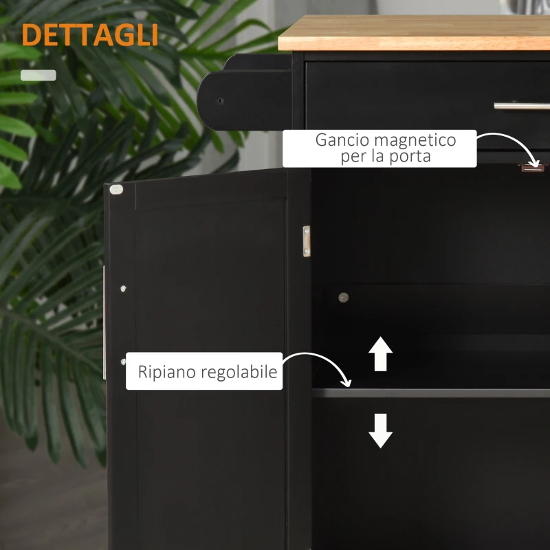 HOMCOM Carrello da Cucina con Cassetto e Armadietto 2 Ante, Ruote e Barra Laterale, 83x45x91.5cm, Nero