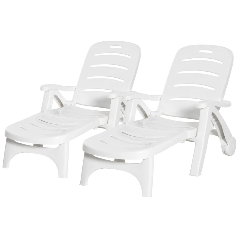 Outsunny 2PCs Outdoor Folding Sun Lounger Recliner on Wheels w/ 5-Position Backrest, White