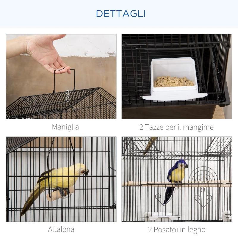 PawHut Gabbia per Uccelli con Maniglia di Trasporto e Vassoio Estraibile, in Metallo e Plastica, 50.5x41x63 cm, Nero
