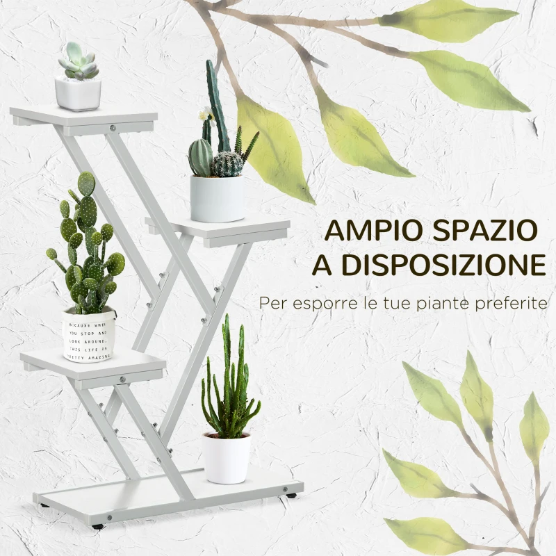 Outsunny Scaletta Portavasi a 4 Livelli per Interni ed Esterni in MDF e Acciaio, 50.5x24x81 cm, Bianco