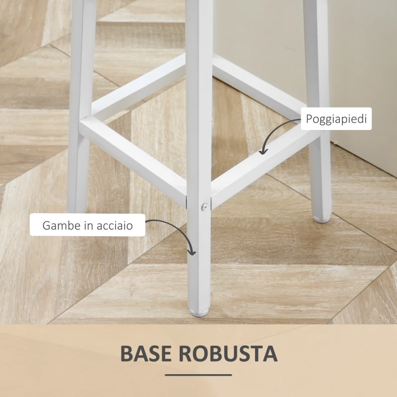 HOMCOM Set 2 Sgabelli da Cucina in Truciolato e Acciaio con Piano Liscio e Poggiapiedi, 32.5x32.5x65 cm, Bianco e Legno