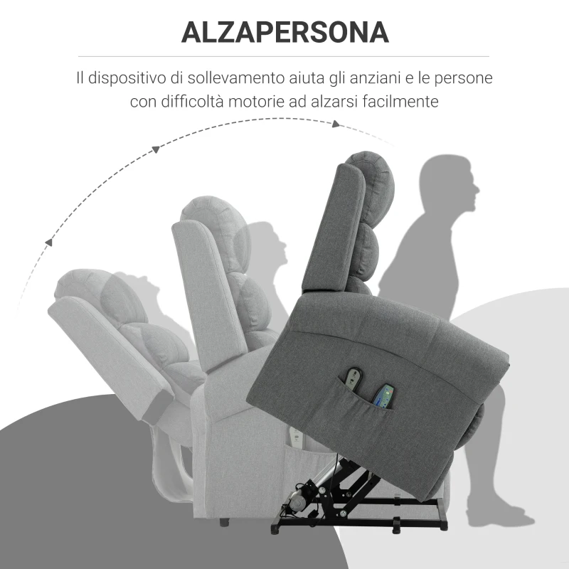 HOMCOM Poltrona Massaggiante Reclinabile, Poltrona Alzapersona Elettrica Riscaldante in Tessuto 90x91x106cm