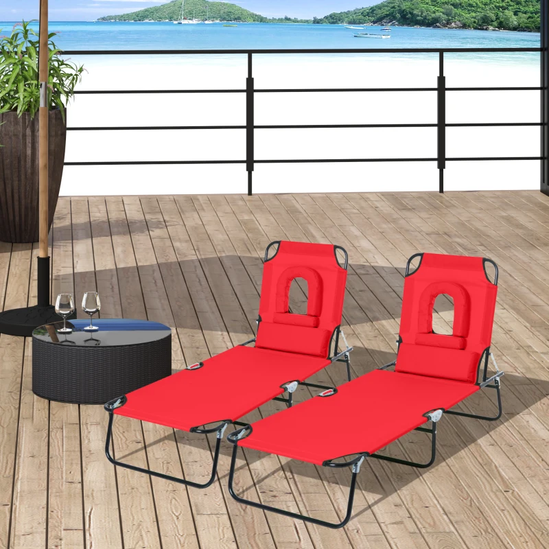 Outsunny Lot de 2 Bains de Soleil Pliable transat inclinable 4 Positions Chaise Longue de Lecture 3 Coussins fournis Rouge