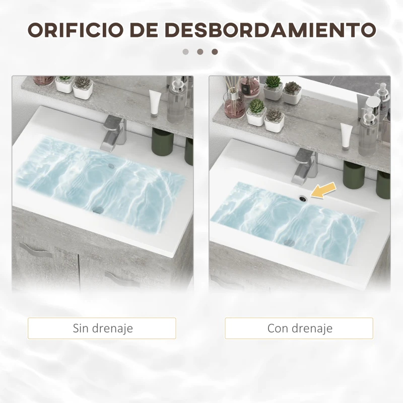 kleankin Conjunto de Muebles de Baño de Pared 3 Piezas Incluye Espejo Armario con Lavabo Cerámico y Columna Auxiliar de Baño Gris