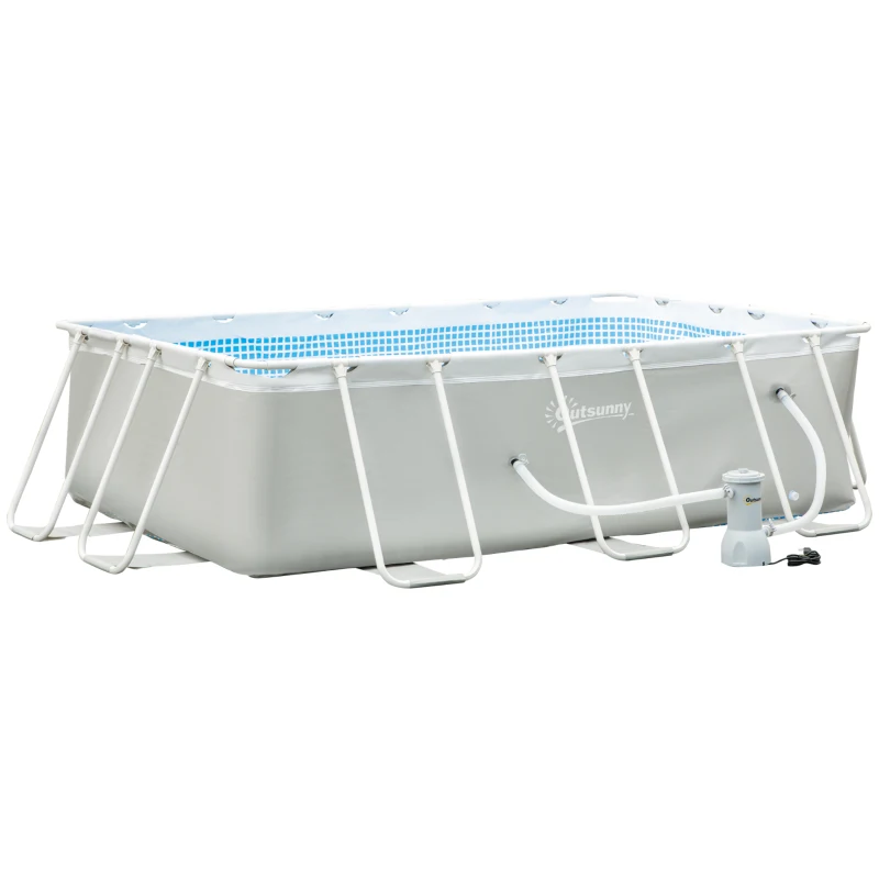 Outsunny Piscina Desmontable Tubular 340x215x80 cm Piscina Rectangular de Exterior con Depuradora de Cartucho 4.000 L/H Mangueras Longitud 100 cm y Marco de Acero 4200 L Gris