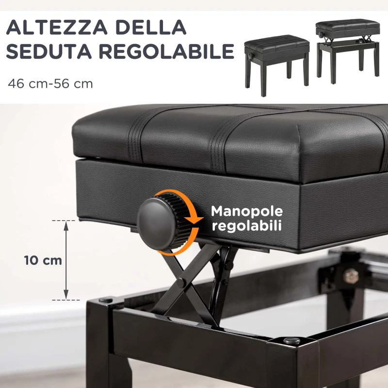 HOMCOM Sgabello per Pianoforte con Altezza Regolabile e Contenitore in Legno e Finta Pelle, 63x35x46-56cm, Nero
