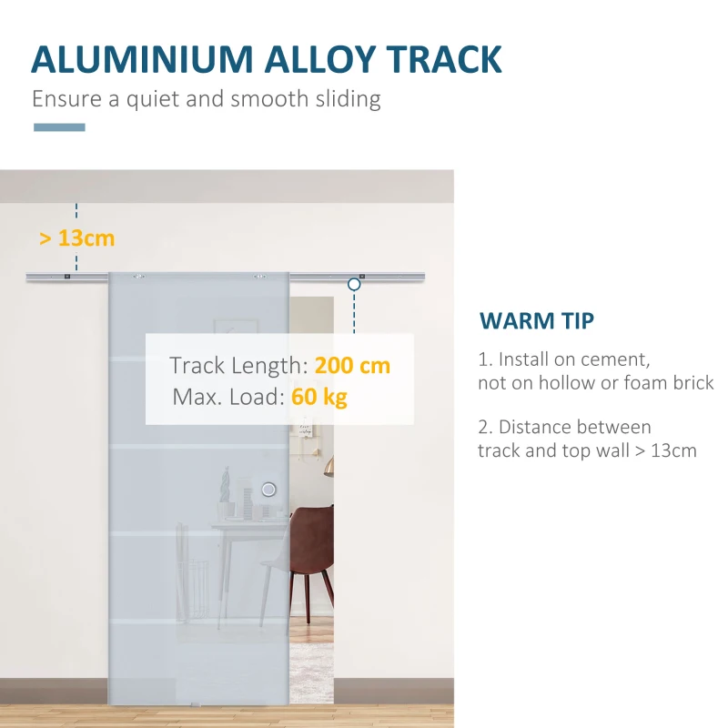 HOMCOM 77.5cm Modern Sliding Door Include Hardware Track System Kit, Frosted Stripe Glass Door, Round Handle