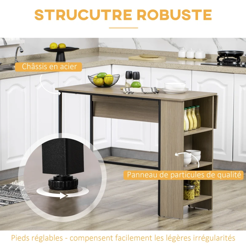 HOMCOM Ilot centra table de bar plateau latéral  rabattable et 3 étagères 120 x 76 x 91,4 cm gris clair