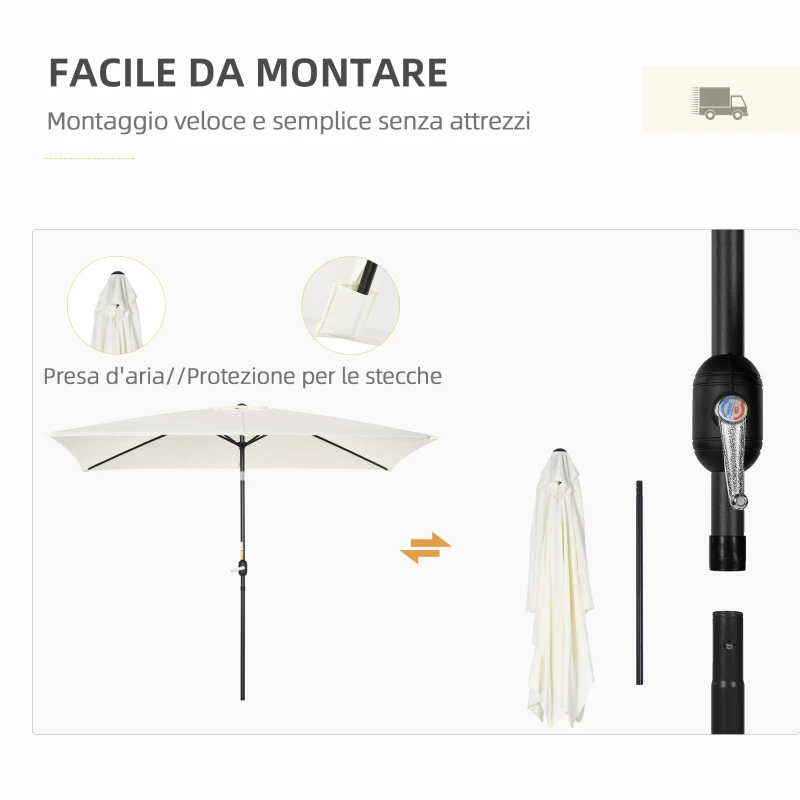 Outsunny Ombrellone Rettangolare 2x3 m Pieghevole e Regolabile con Manovella, in Alluminio e Poliestere, Bianco Crema