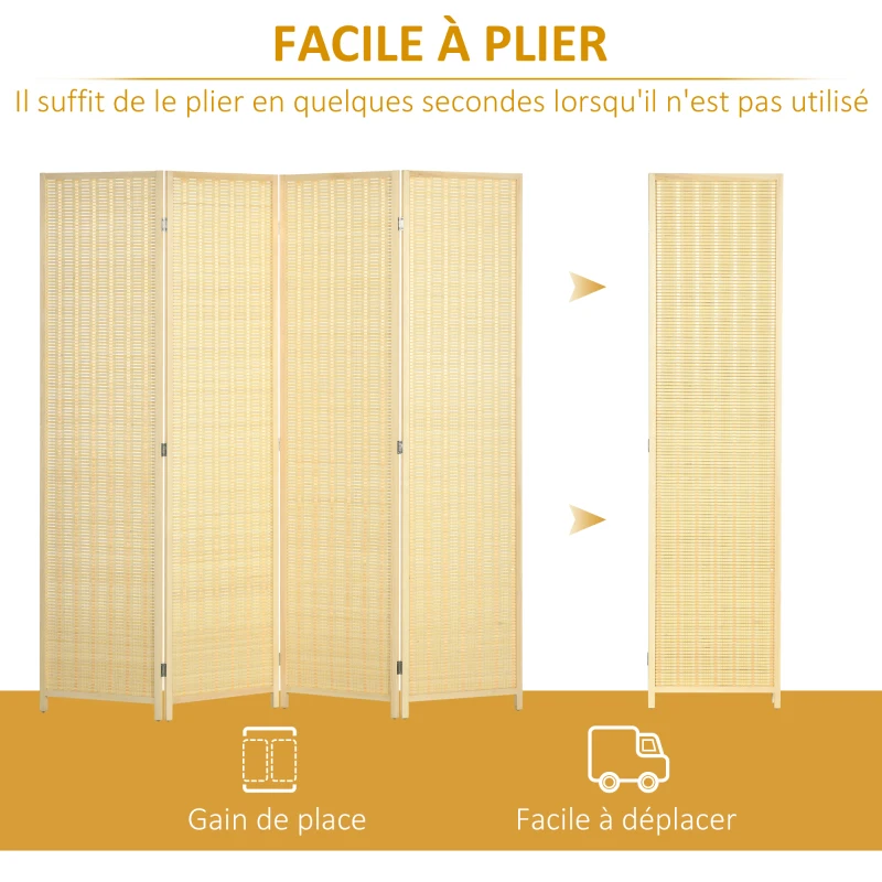 HOMCOM Paravent en bois séparateur de pièce closion de séparation pliable 4 panneaux 180 x 180 cm naturel