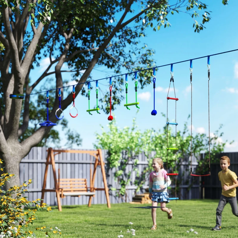 AIYAPLAY 10-Piece Zip Line Kit for Kids with 10m Slackline, Monkey Bars, Swing, Climbing Ladder, Hanging Tray, Metal Rings