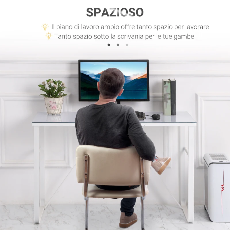 HOMCOM Scrivania da Camera per Computer, PC, Ufficio, Scrivania Moderna in Metallo Bianco e Vetro Temperato 120x60x74.5cm