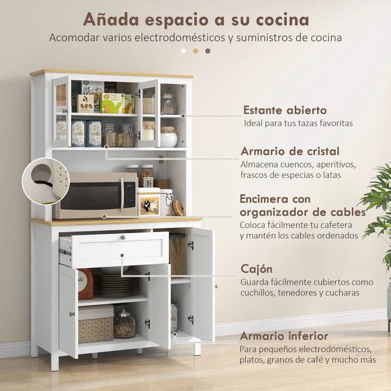 HOMCOM Alacena de Cocina Mueble Auxiliar de Cocina con 5 Puertas Estante Ajustable y Encimera de Microondas 100x40x180cm Blanco