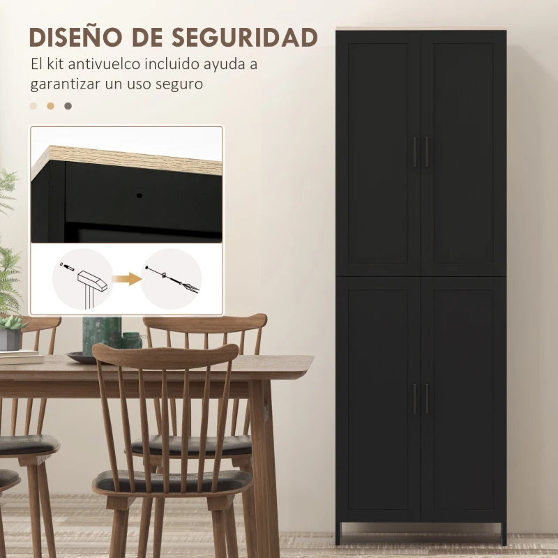 HOMCOM Alacena de Cocina Armario de Almacenaje Multifuncional con 4 Puertas y Estantes Ajustables 60x30x170,5 cm Negro
