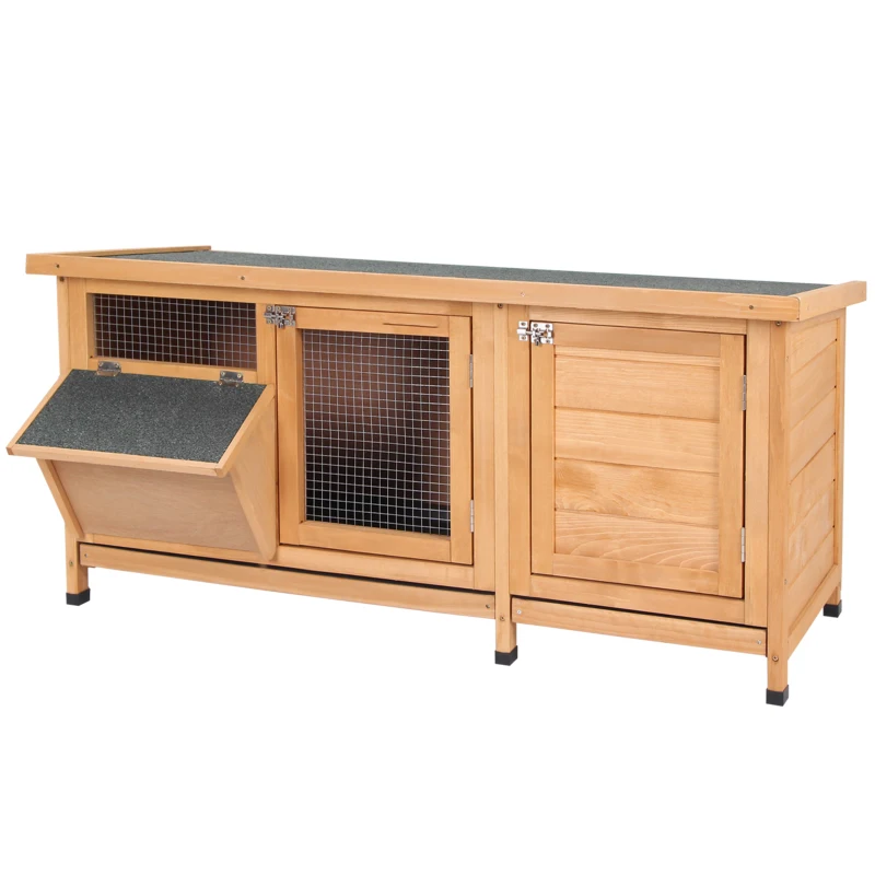 PawHut Clapier sur pied cage à lapin avec toit bitumé ouvrant 2 portes verrouillables 2 tiroirs à déjection coulissants mangeoire bois de sapin traité dim. 112L x 50l x 54H cm bois naturel et noir