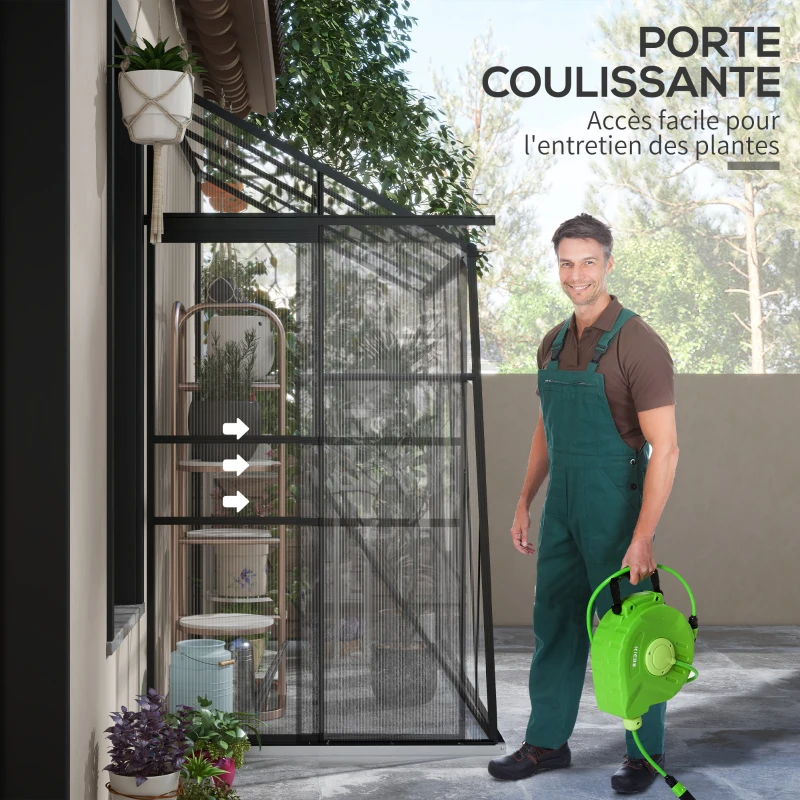 Outsunny Serre adossée, serre de jardin polycarbonate, avec porte coulissante, évent de toit, fondation, 127 x 253 x 240 cm noir
