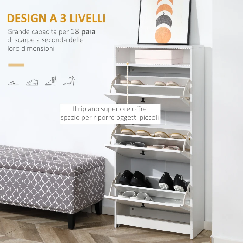 HOMCOM Scarpiera 3 Scompartimenti a Ribalta(18 Paia di Scarpe) e 1 Ripiano Portaoggetti Legno Truciolato Bianco 60×24×132cm