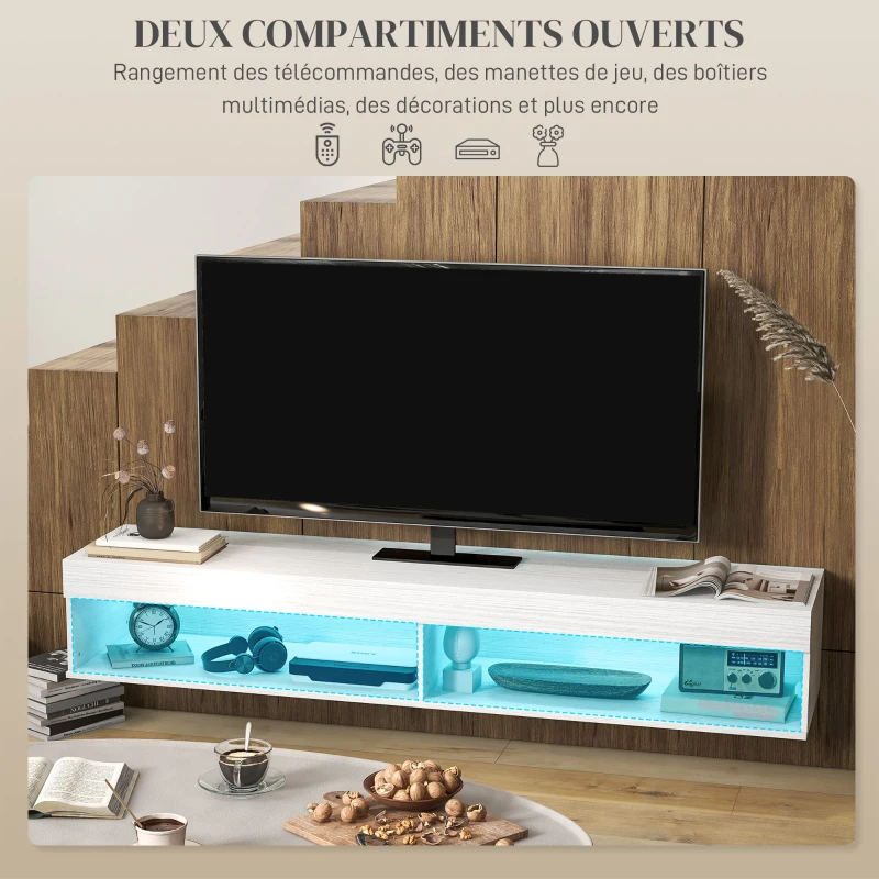 HOMCOM Meuble TV suspendu mural avec éclairage LED pour téléviseurs jusqu'à 75 pouces, étagères, 180L x 40l x 30H cm, blanc