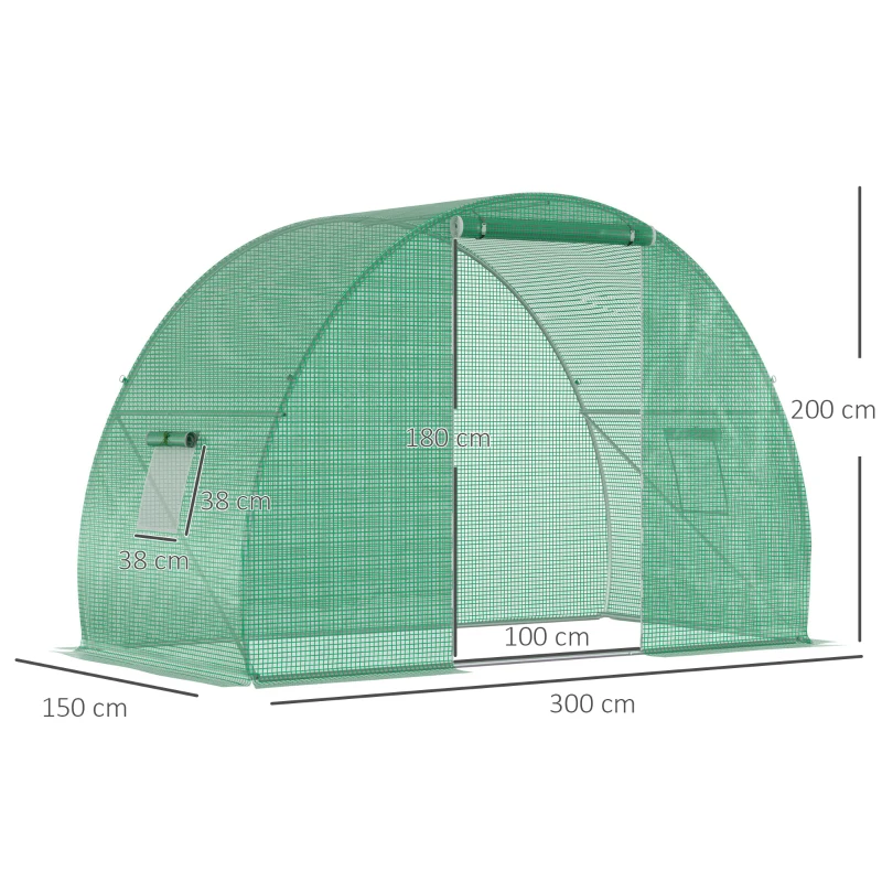Outsunny Serra a Tunnel con Porta Avvolgibile e Finestre, Copertura PE e Struttura in Acciaio, 1.5x3x2m, Verde