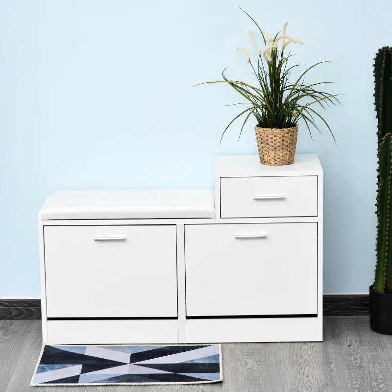 HOMCOM Scarpiera Moderna con Panca Imbottita per 12 Paia di Scarpe, Mobile da Ingresso con Scarpiera, Legno, Elegante, Capiente, 94,5x57x30 cm, Bianco