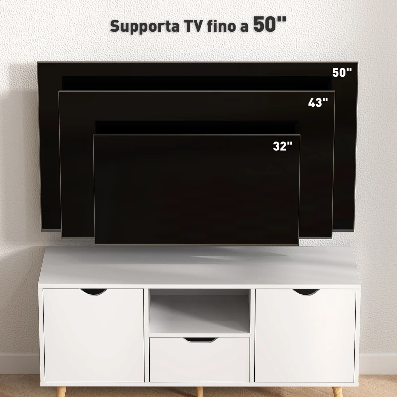 HOMCOM Mobile Porta TV max 50" con Cassetto, Ripiano Aperto e Armadietti, 110x40x50 cm, Bianco e Legno