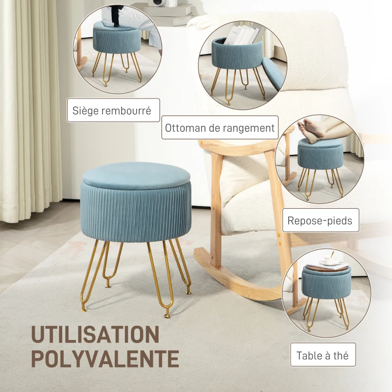 HOMCOM Pouf rangement 13,5 L pouf salon tabouret de coiffeuse en velours avec pieds en acier, repose pied rond jusqu'à 110 kg