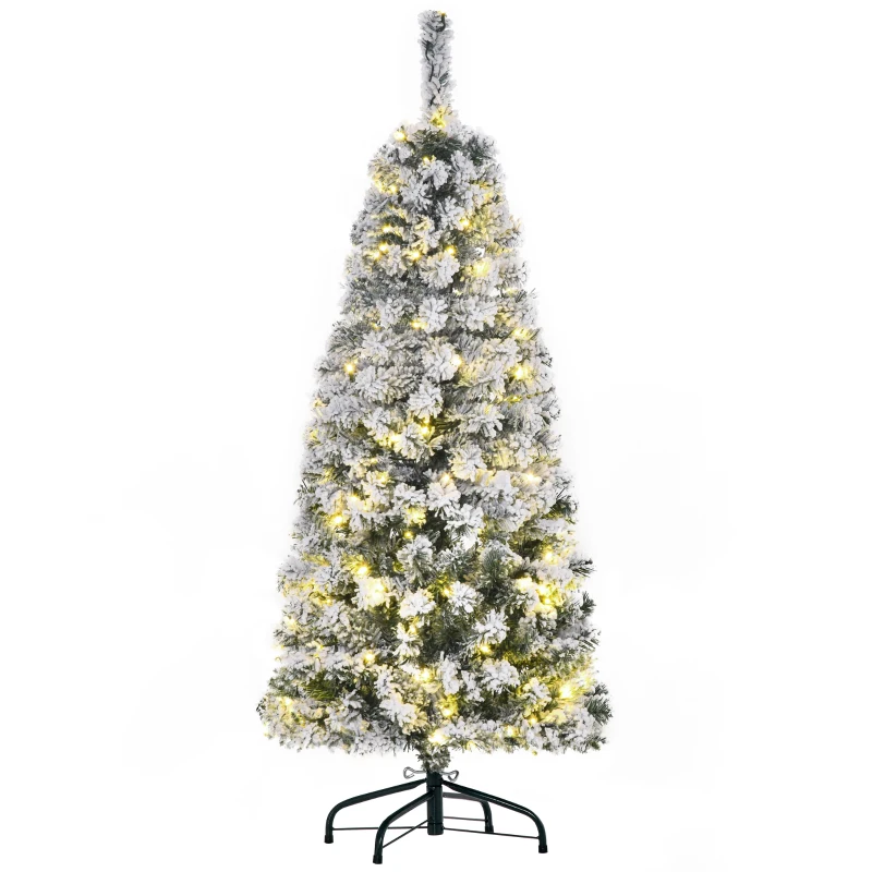 HOMCOM 4FT Prelit Artificial Snow Flocked Christmas Tree with Warm White LED Light, Holiday Home Xmas Decoration, Green White