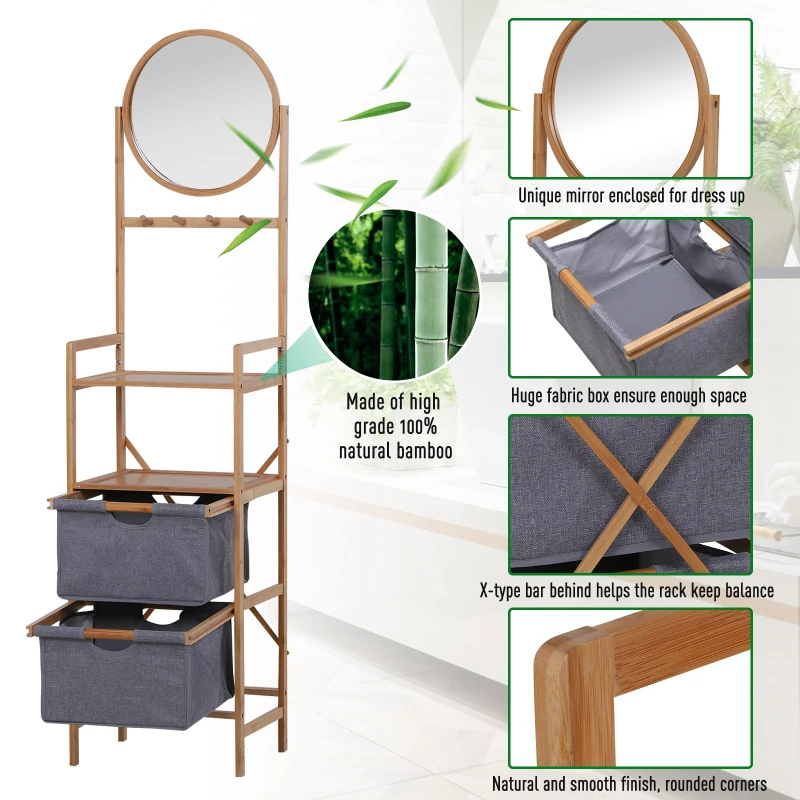 HOMCOM Meuble colonne rangement salle de bain bambou design naturel 41L x 33l x 166H cm 2 étagères, 2 paniers, 4 patères + miroir