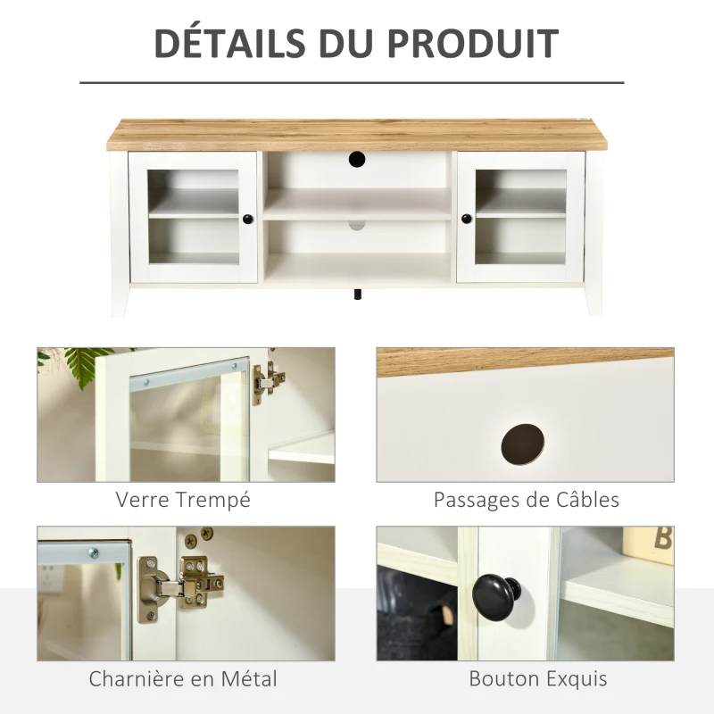 HOMCOM Meuble banc TV rangement avec 2 portes et 2 niches 140 x 39,5 x 50 cm - passe-câbles - en MDF - blanc