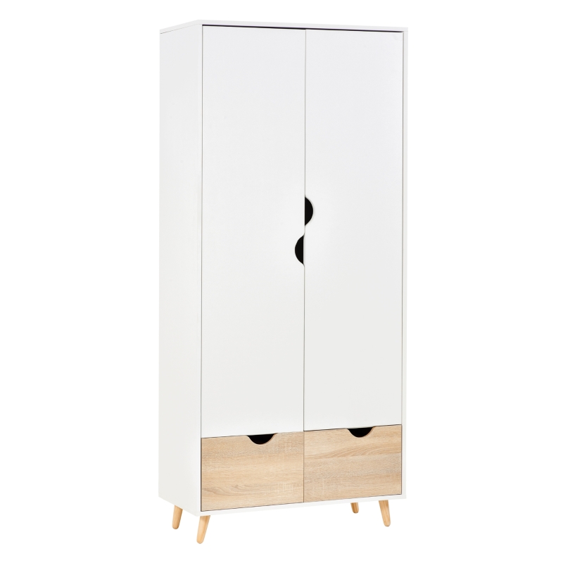 HOMCOM Armadio a Due Ante in Legno con 1 Ripiano, 1 Appendiabiti, 2 Cassetti con Maniglie Intagliate, Bianco 80x40x180cm