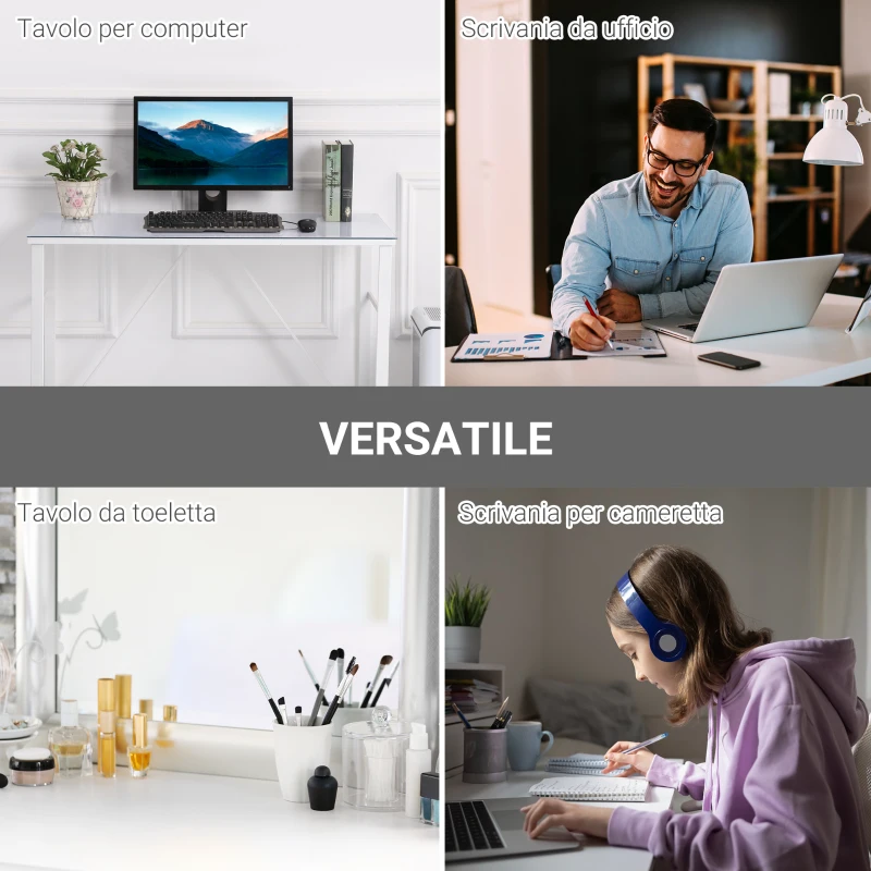 HOMCOM Scrivania da Camera per Computer, PC, Ufficio, Scrivania Moderna in Metallo Bianco e Vetro Temperato 120x60x74.5cm