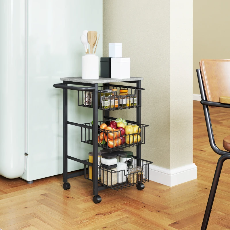 HOMCOM Carrito Verdulero para Cocina con 3 Cestas Deslizables y Marco de Acero 49,5x31x69 cm Gris Claro