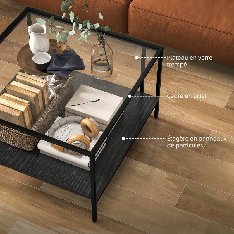 HOMCOM Table basse carrée 2 niveaux avec plateau en verre trempé, 1 étagère, design minimaliste, 73l x 73P x 46,5H cm, noir