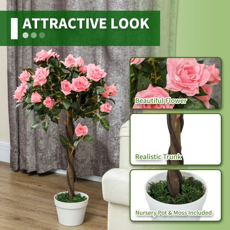 Outsunny Set of 2 Artificial Plants Pink Rose Floral in Pot, Fake Plants for Home Indoor Decor, 90cm