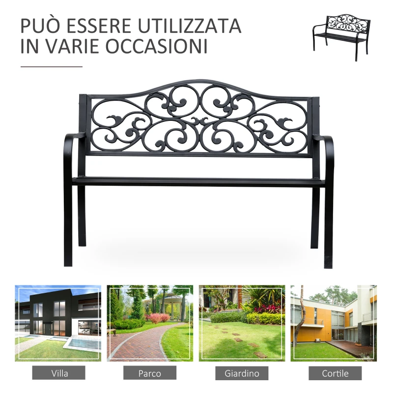 Outsunny Panchina da Giardino 2 Posti con Schienale Decorato in Ghisa e Metallo, 127x60x89cm, Nero