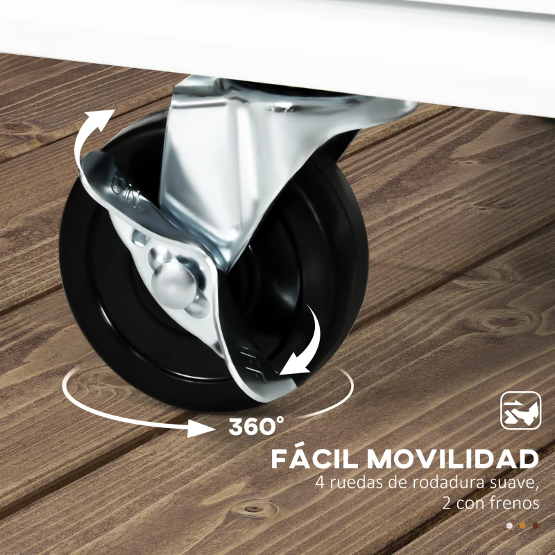 HOMCOM Carro de Cocina con Ruedas Isla de Cocina con 2 Cajones 3 Puertas de Vidrio Templado Toallero 124,5x39,5x90 cm Blanco