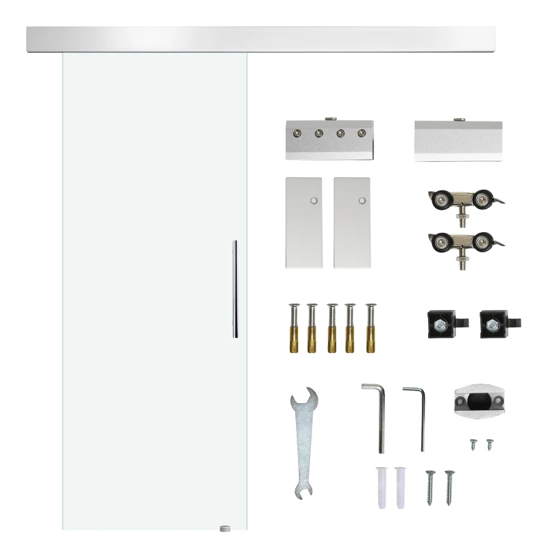 HOMCOM Porta Scorrevole in Vetro Trasparente con Binario e Maniglia in Alluminio per Bagno Cucina Studio 210x75x0.8cm